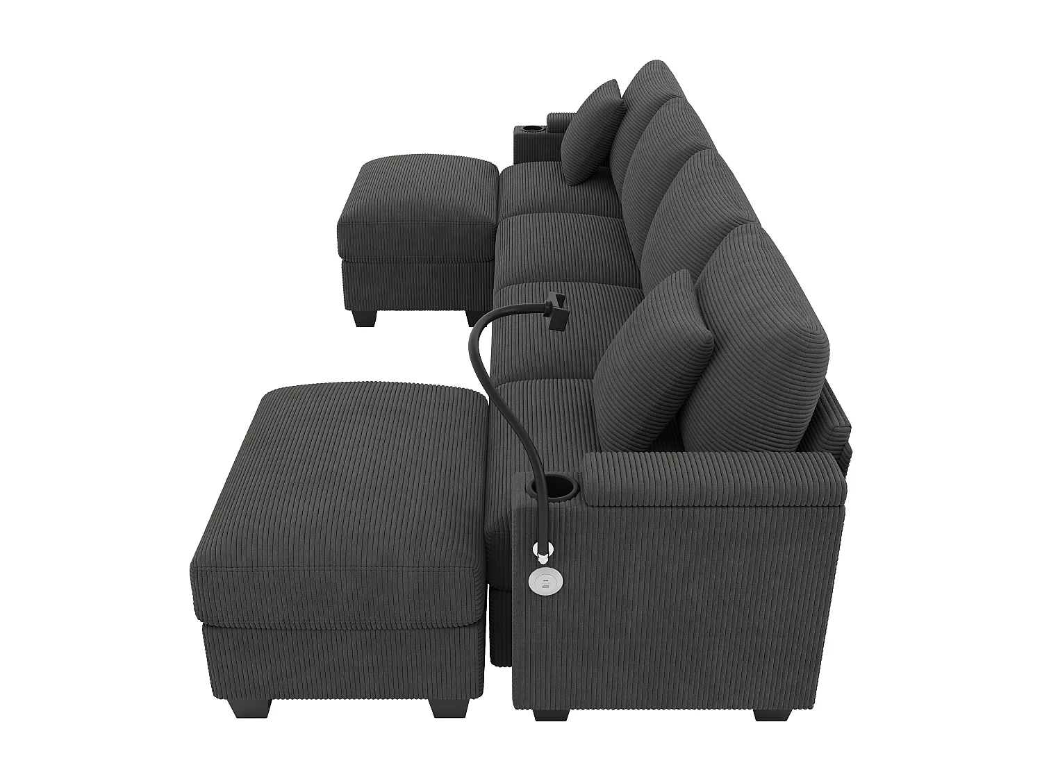 Canapé 6 places avec 2 poufs et rangement - Velours côtelé gris