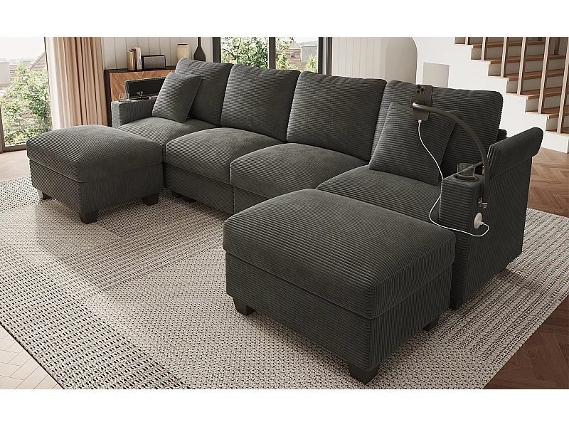 Canapé 6 places avec 2 poufs et rangement - Velours côtelé gris