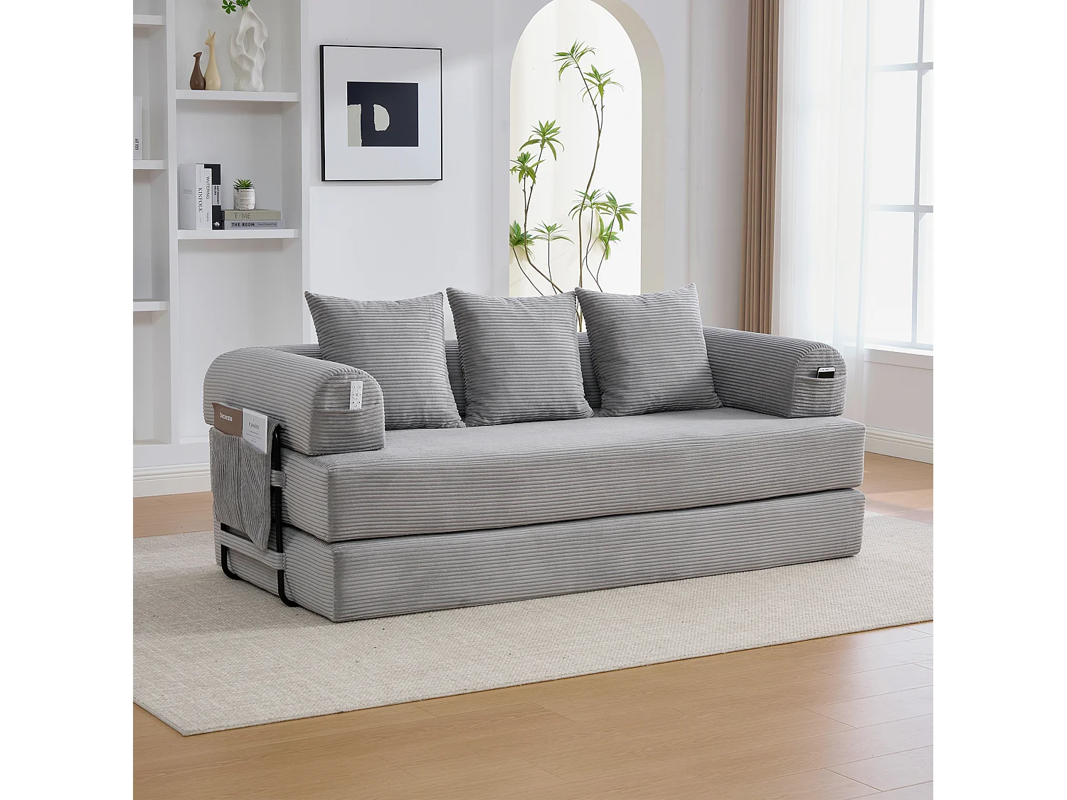 Canapé convertible 3 places modulable avec 3 coussins et poche latérale - Velours côtelé gris clair