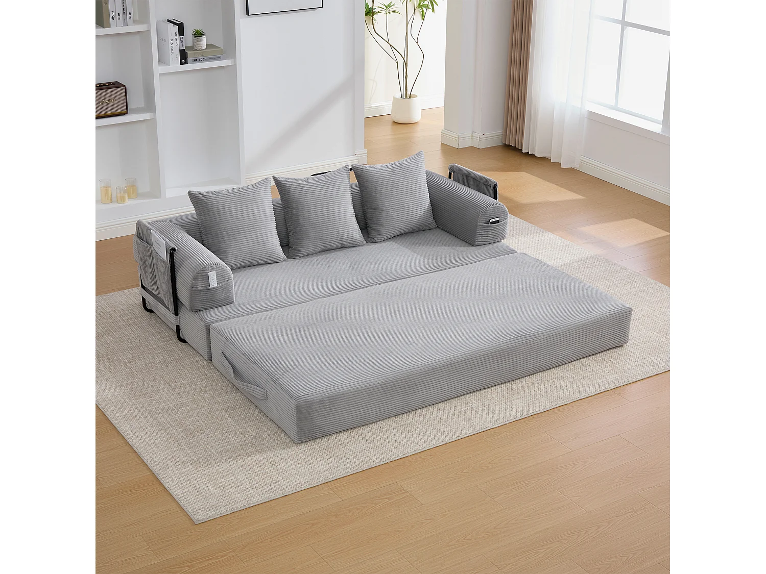 Canapé convertible 3 places modulable avec 3 coussins et poche latérale - Velours côtelé gris clair