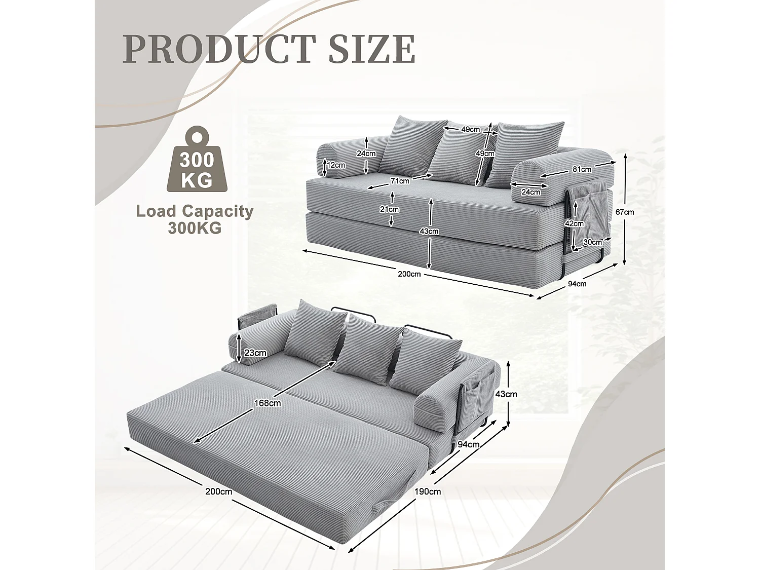 Canapé convertible 3 places modulable avec 3 coussins et poche latérale - Velours côtelé gris clair