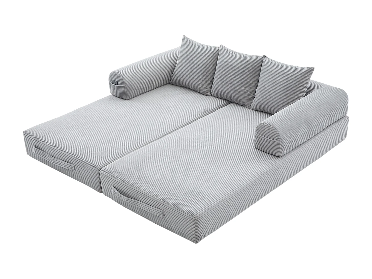 Canapé convertible 3 places modulable avec 3 coussins et poche latérale - Velours côtelé gris clair