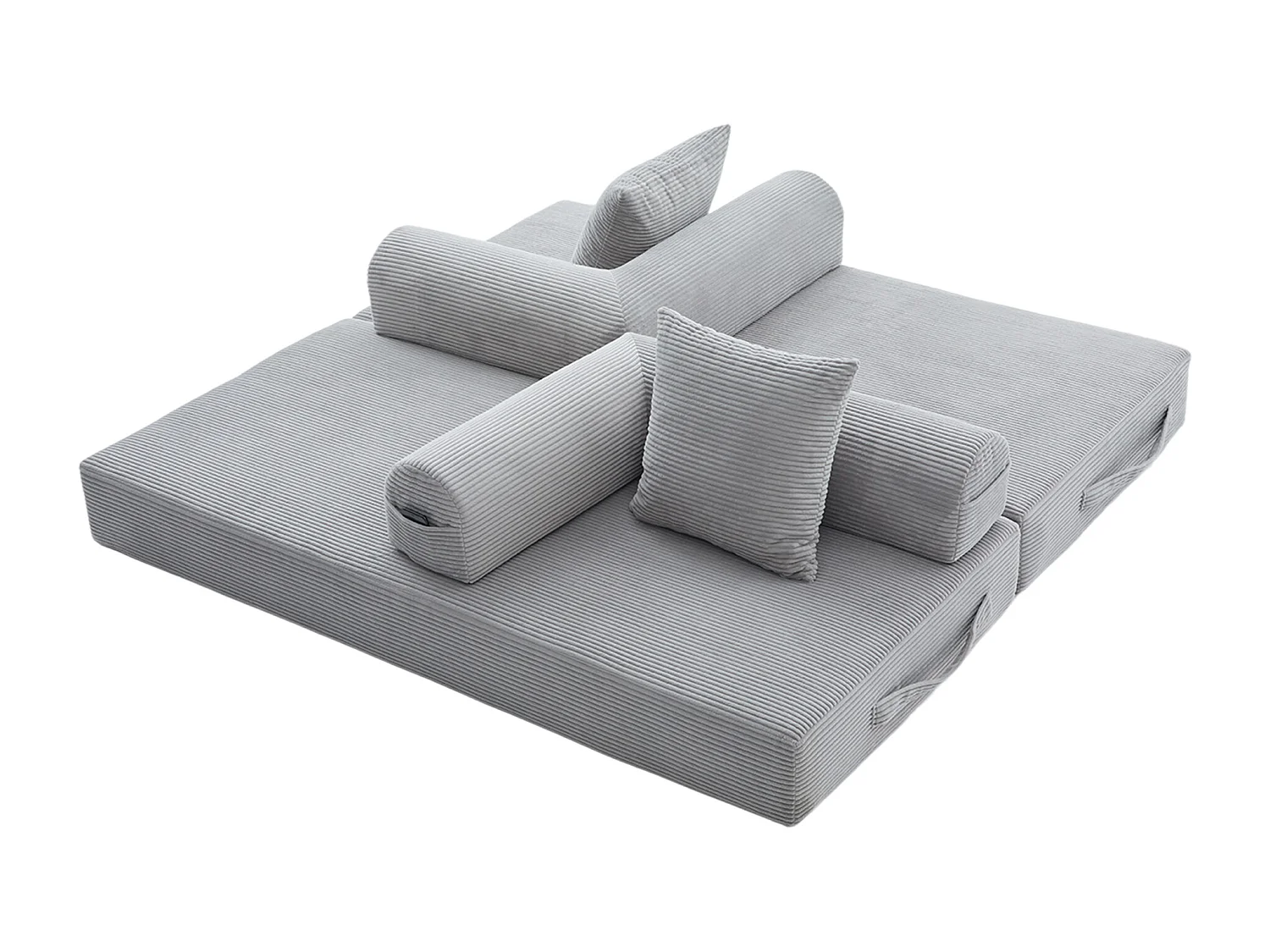 Canapé convertible 3 places modulable avec 3 coussins et poche latérale - Velours côtelé gris clair