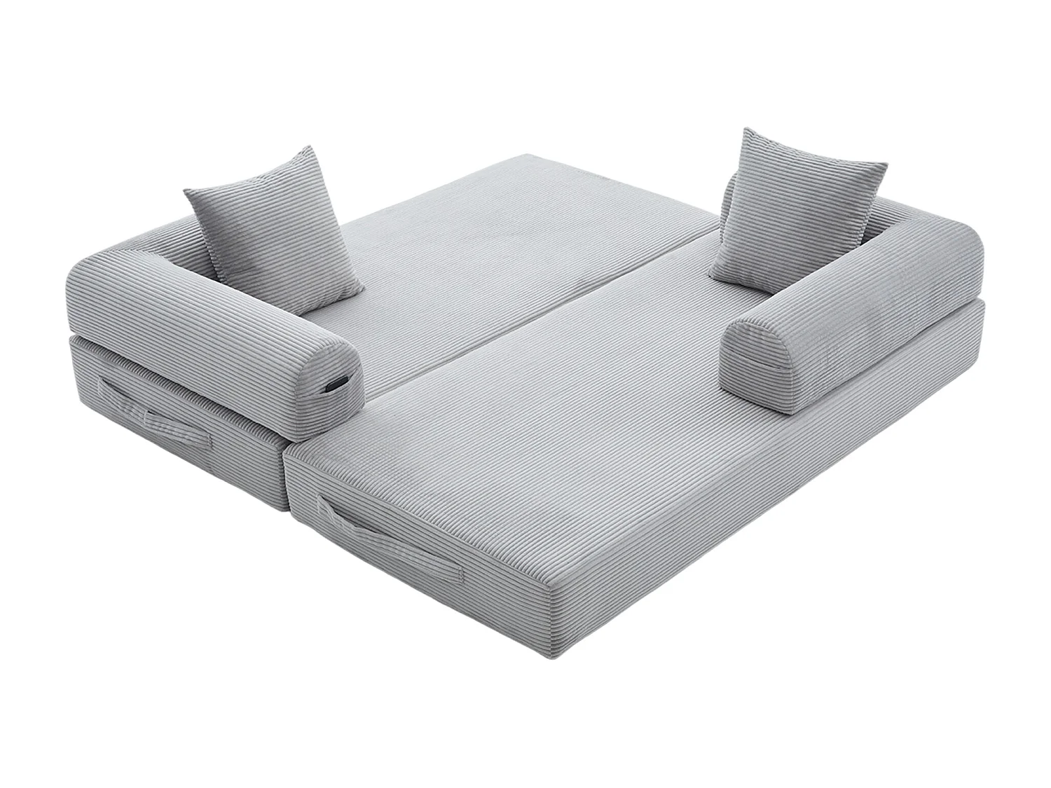 Canapé convertible 3 places modulable avec 3 coussins et poche latérale - Velours côtelé gris clair