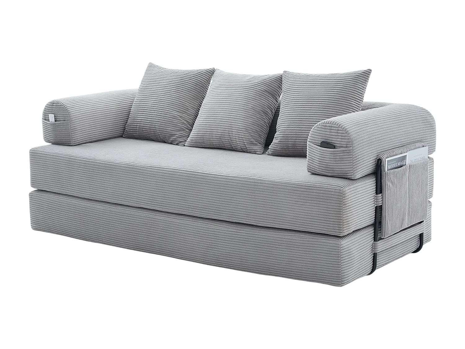 Canapé convertible 3 places modulable avec 3 coussins et poche latérale - Velours côtelé gris clair