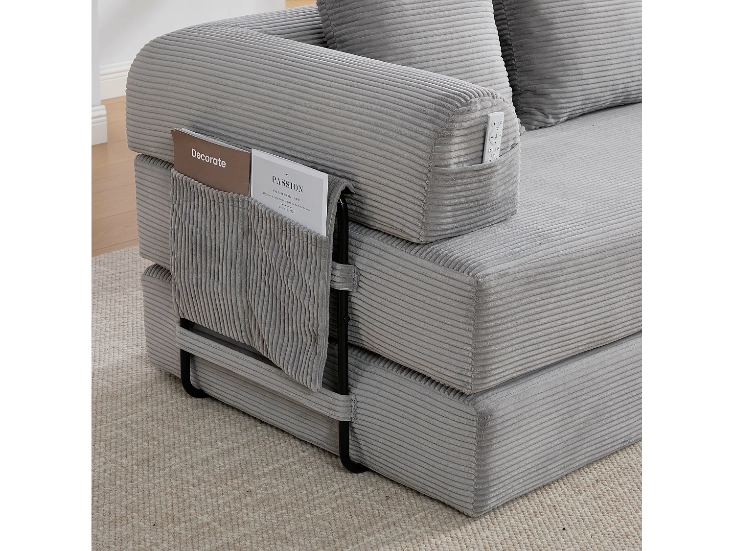 Canapé convertible 3 places modulable avec 3 coussins et poche latérale - Velours côtelé gris clair