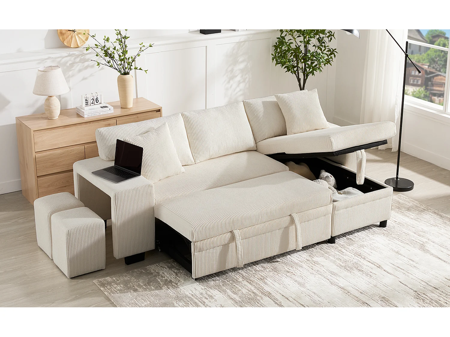 Canapé convertible 3 places avec rangements et tabourets, ports USB - Velours côtelé beige