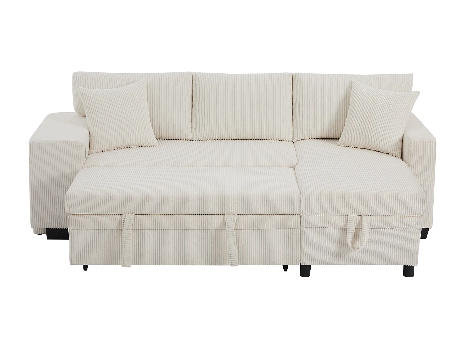 Canapé convertible 3 places avec rangements et tabourets, ports USB - Velours côtelé beige