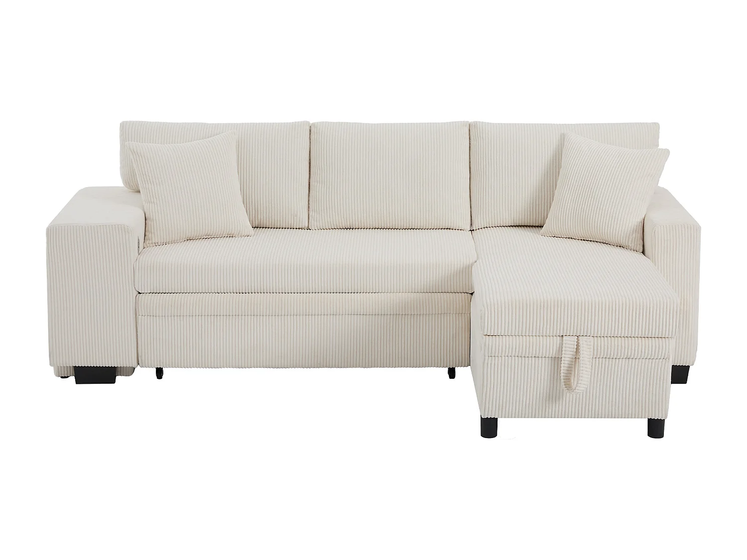 Canapé convertible 3 places avec rangements et tabourets, ports USB - Velours côtelé beige