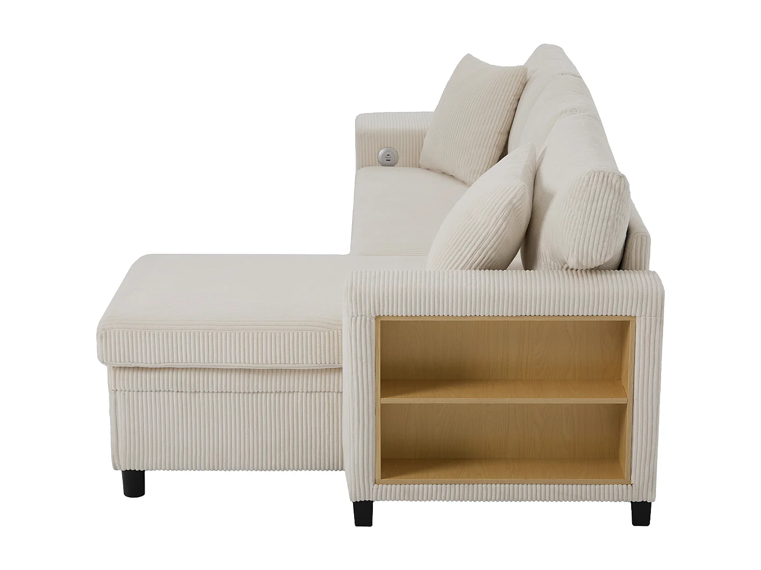 Canapé convertible 3 places avec rangements et tabourets, ports USB - Velours côtelé beige