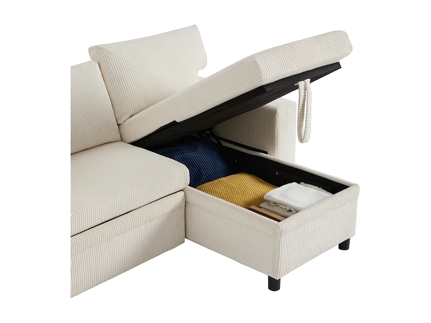 Canapé convertible 3 places avec rangements et tabourets, ports USB - Velours côtelé beige