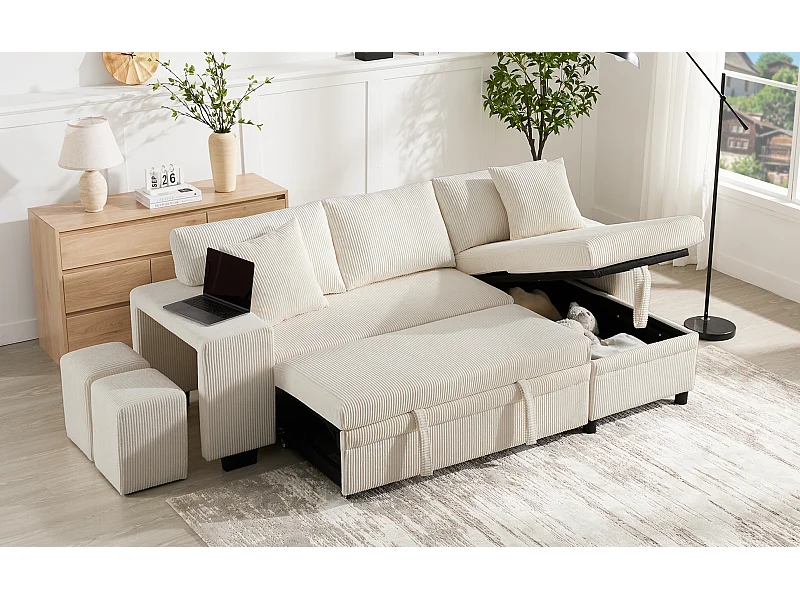 Canapé convertible 3 places avec rangements et tabourets, ports USB - Velours côtelé beige