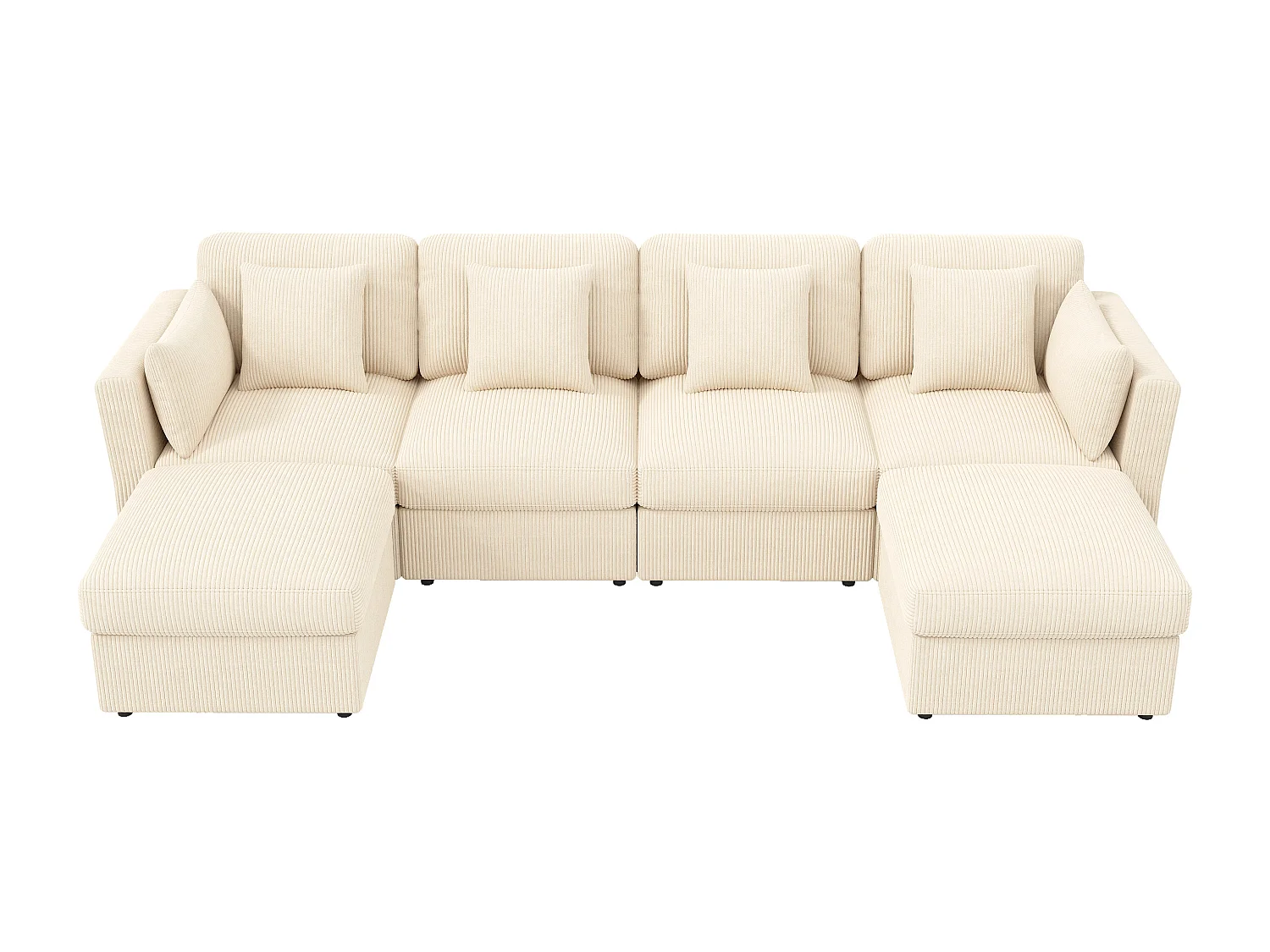 Canapé 6 places avec accoudoirs réglables et 2 poufs - Tissu velours côtelé beige