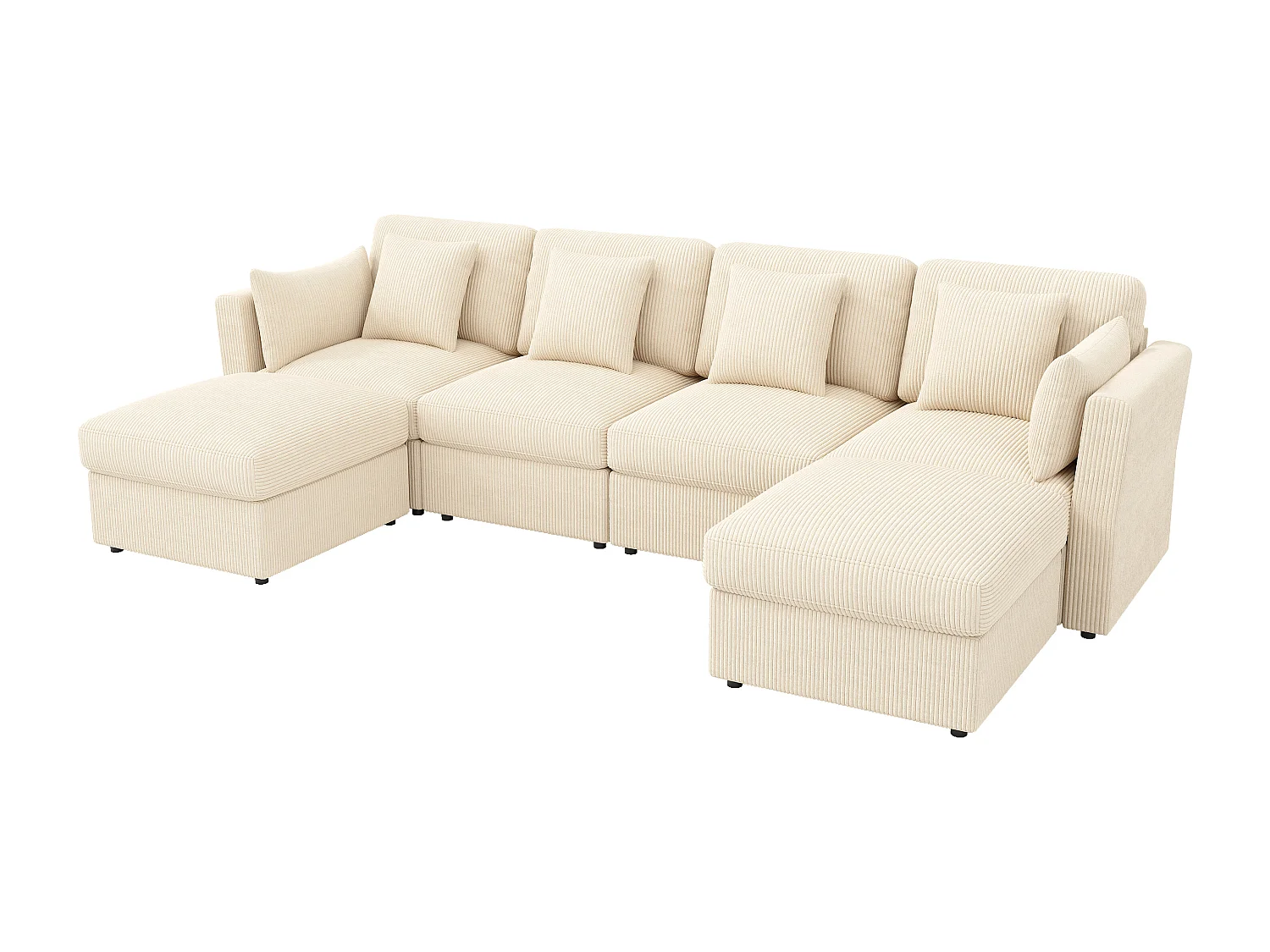 Canapé 6 places avec accoudoirs réglables et 2 poufs - Tissu velours côtelé beige