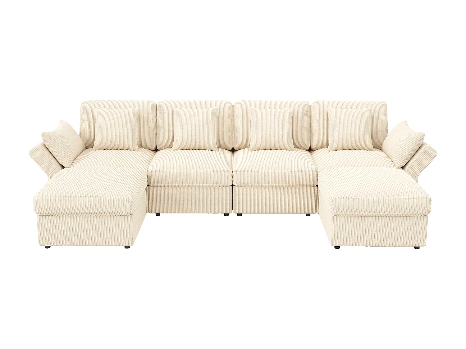 Canapé 6 places avec accoudoirs réglables et 2 poufs - Tissu velours côtelé beige