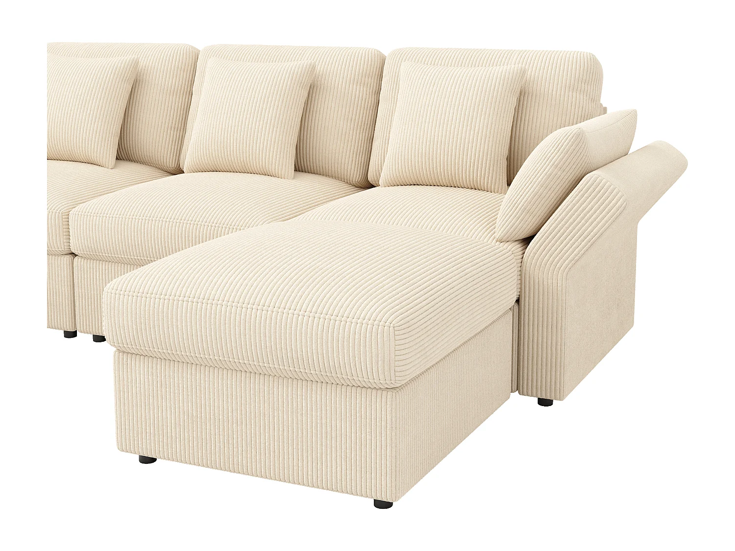 Canapé 6 places avec accoudoirs réglables et 2 poufs - Tissu velours côtelé beige