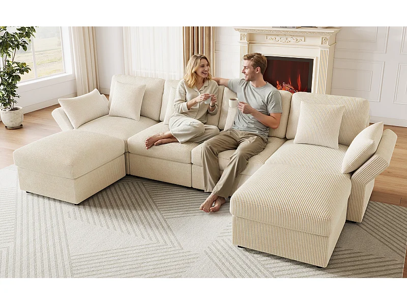 Canapé 6 places avec accoudoirs réglables et 2 poufs - Tissu velours côtelé beige