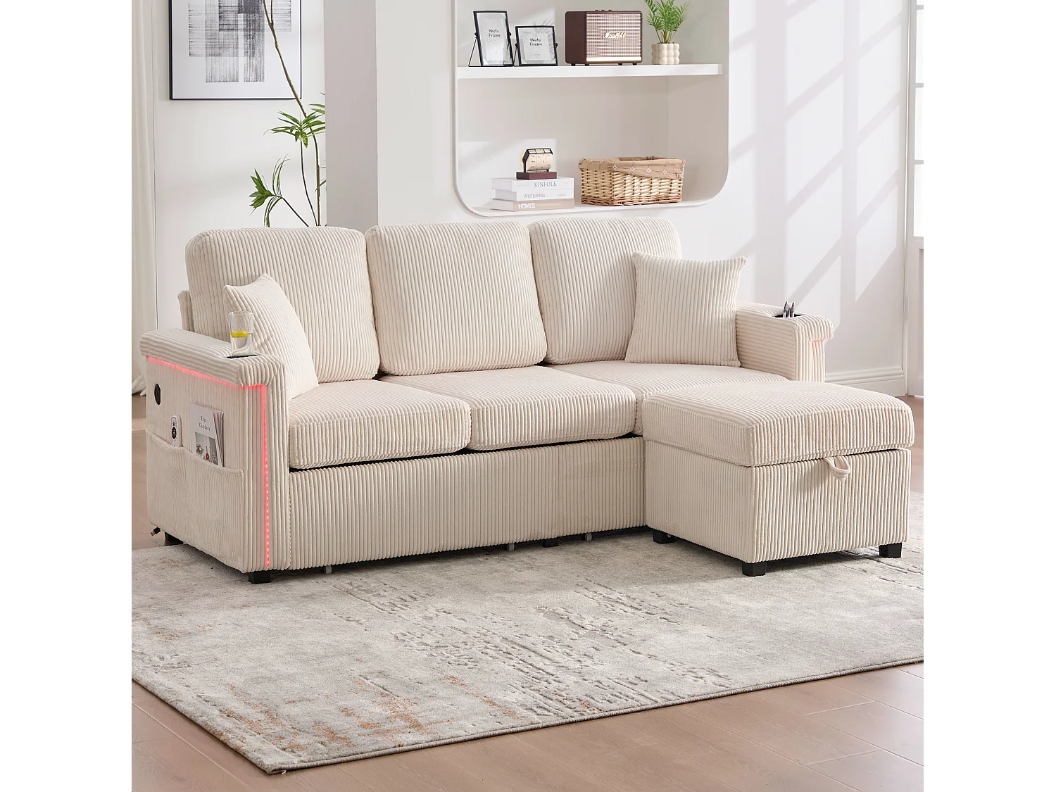 Canapé d'angle 3 places en velours côtelé beige - Avec LED, ports USB/Type-C et 2 tiroirs