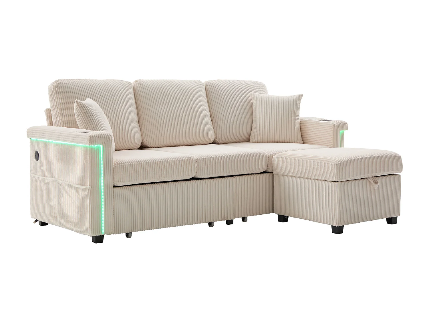 Canapé d'angle 3 places en velours côtelé beige - Avec LED, ports USB/Type-C et 2 tiroirs