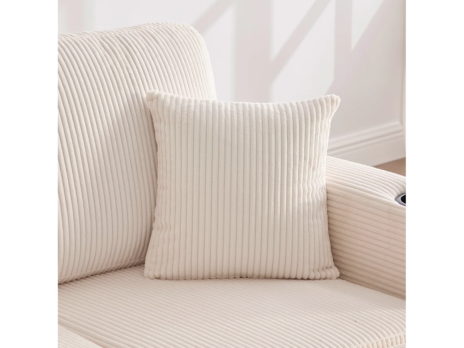 Canapé d'angle 3 places en velours côtelé beige - Avec LED, ports USB/Type-C et 2 tiroirs