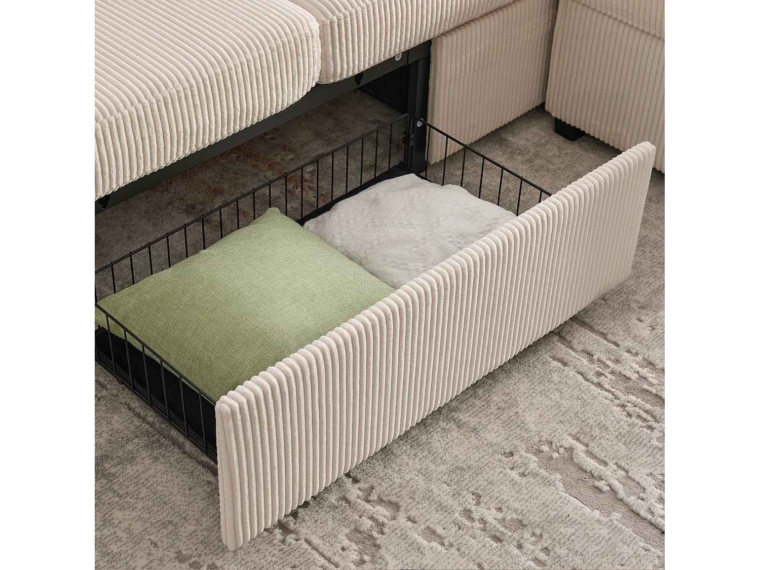 Canapé d'angle 3 places en velours côtelé beige - Avec LED, ports USB/Type-C et 2 tiroirs