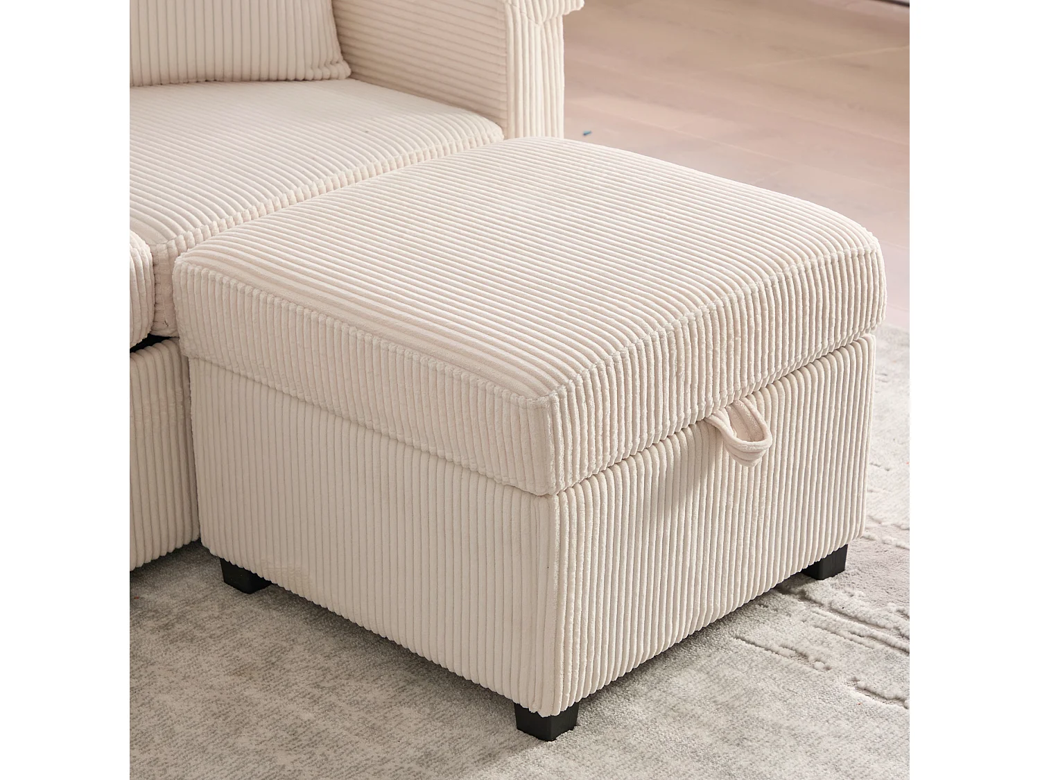 Canapé d'angle 3 places en velours côtelé beige - Avec LED, ports USB/Type-C et 2 tiroirs