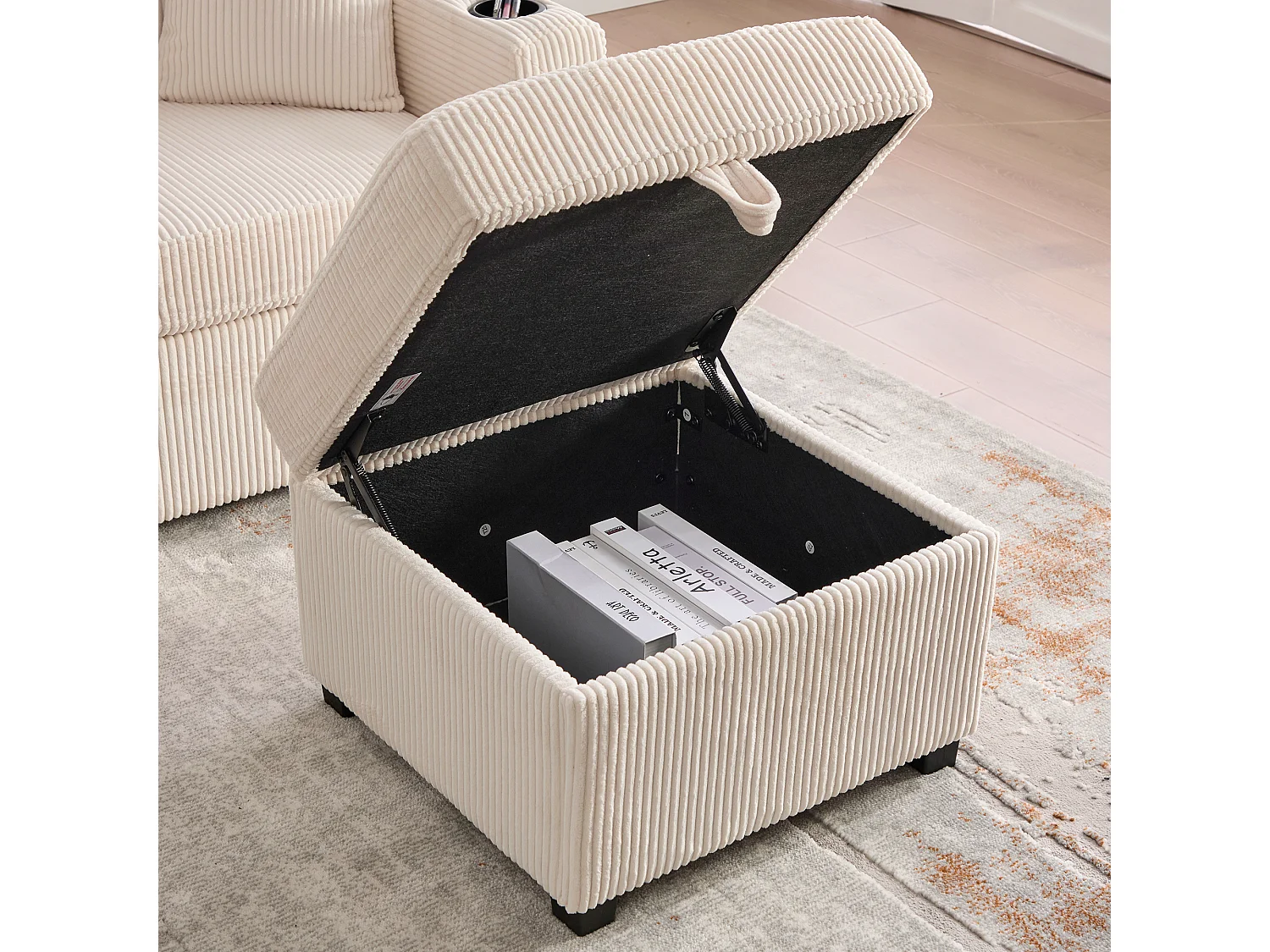 Canapé d'angle 3 places en velours côtelé beige - Avec LED, ports USB/Type-C et 2 tiroirs