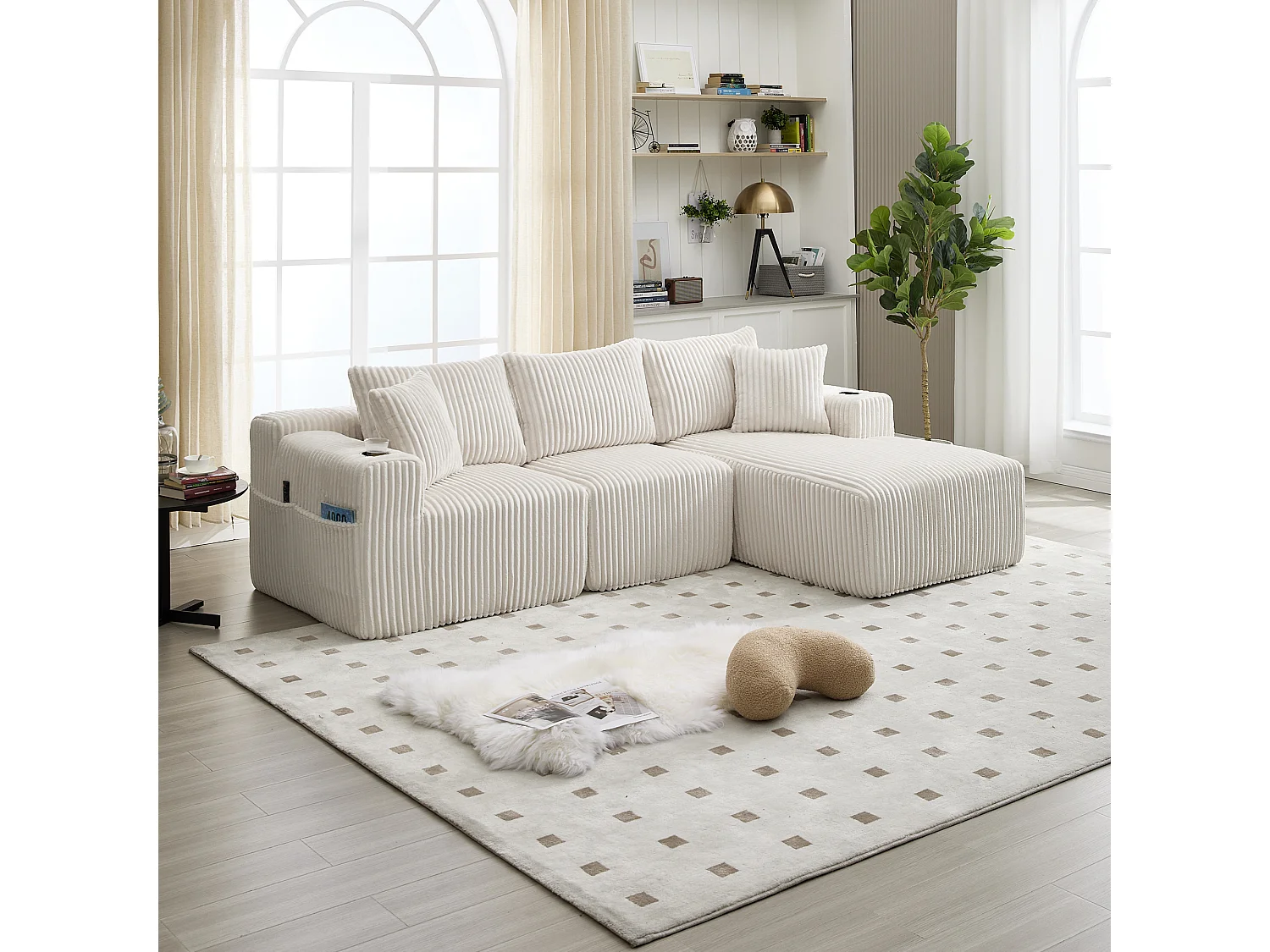 Sofá esquinero de 3 plazas con chaise longue y 5 cojines - Tejido pana - Beige
