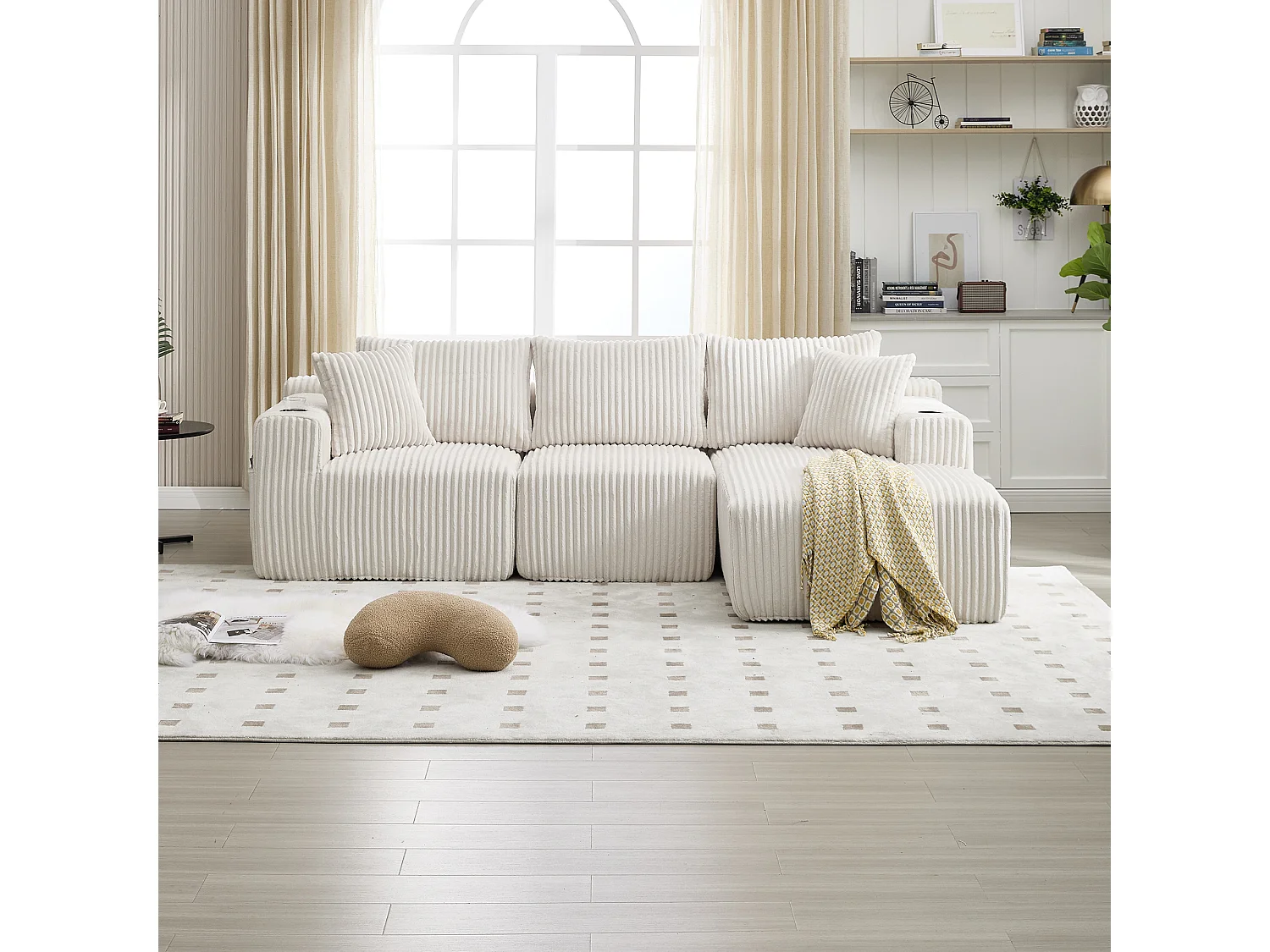 Sofá esquinero de 3 plazas con chaise longue y 5 cojines - Tejido pana - Beige