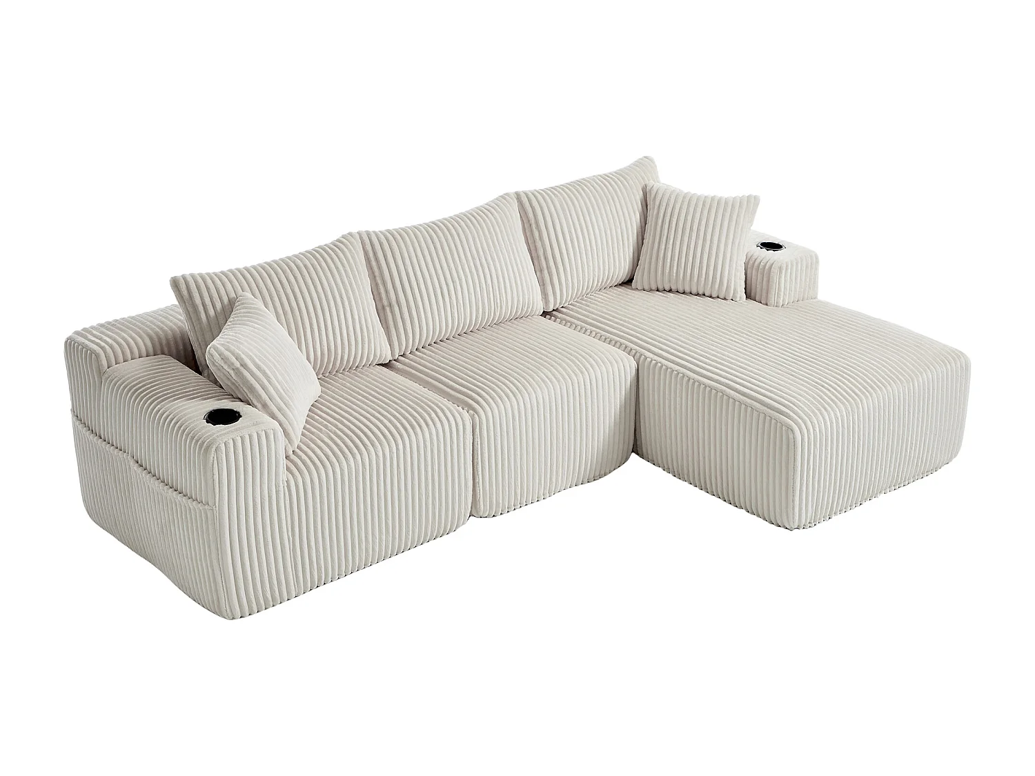Sofá esquinero de 3 plazas con chaise longue y 5 cojines - Tejido pana - Beige