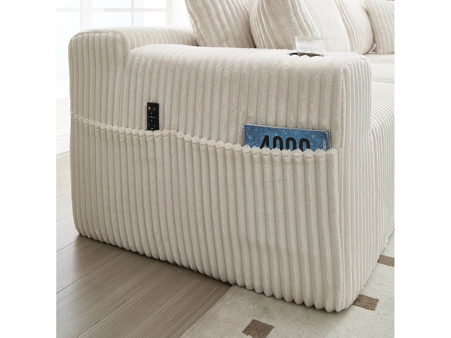 Sofá esquinero de 3 plazas con chaise longue y 5 cojines - Tejido pana - Beige