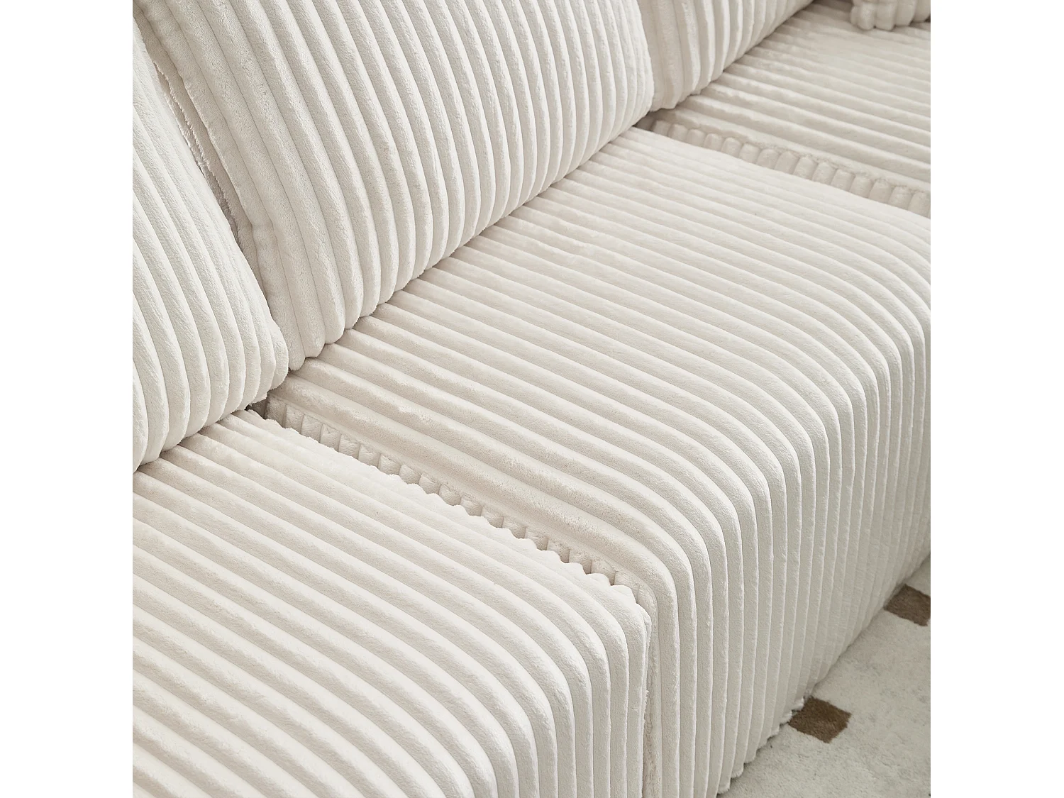 Sofá esquinero de 3 plazas con chaise longue y 5 cojines - Tejido pana - Beige