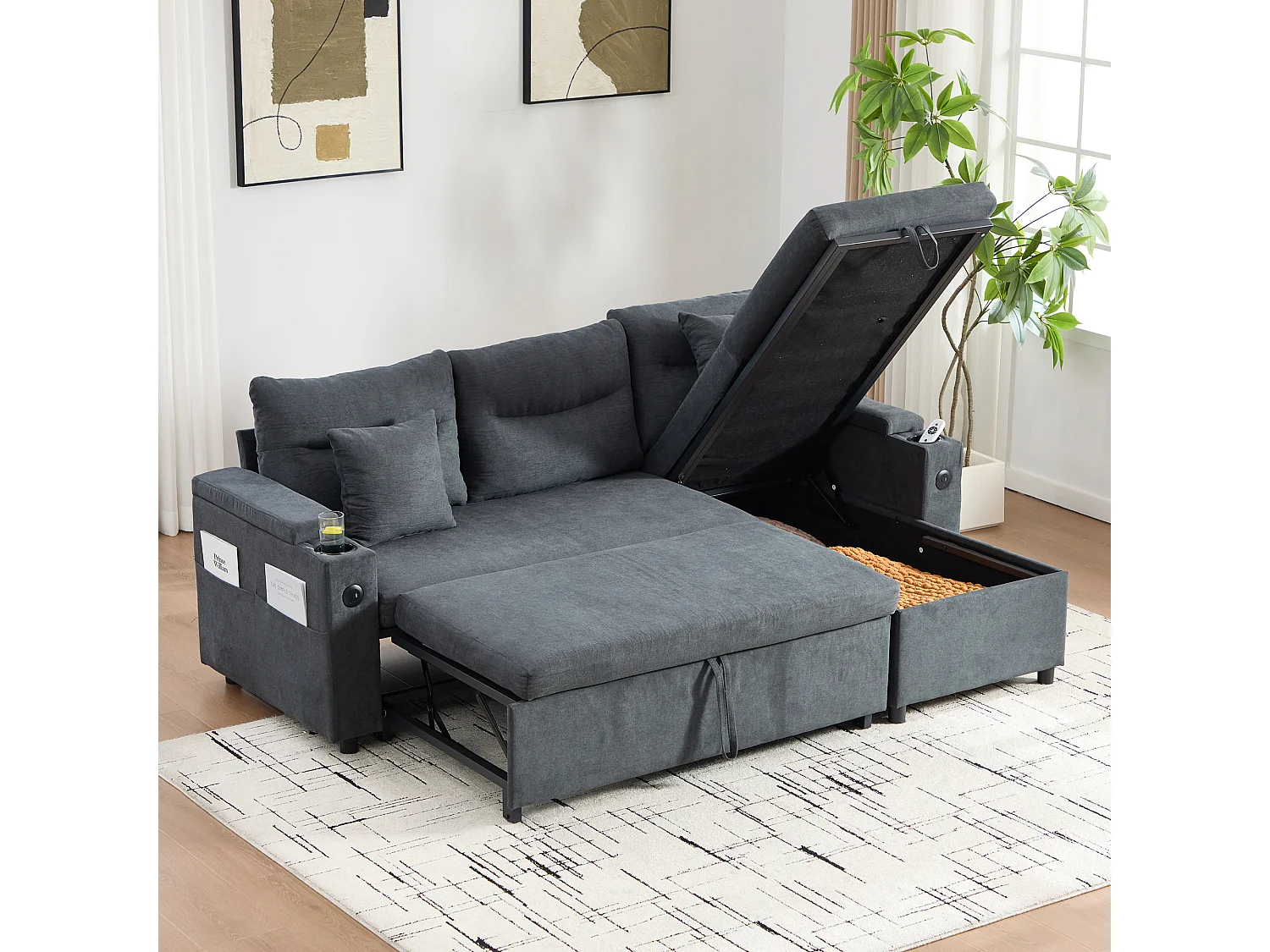 Moderno sofá convertible de 3 plazas en lino con almacenaje, portavasos y puerto USB - Gris