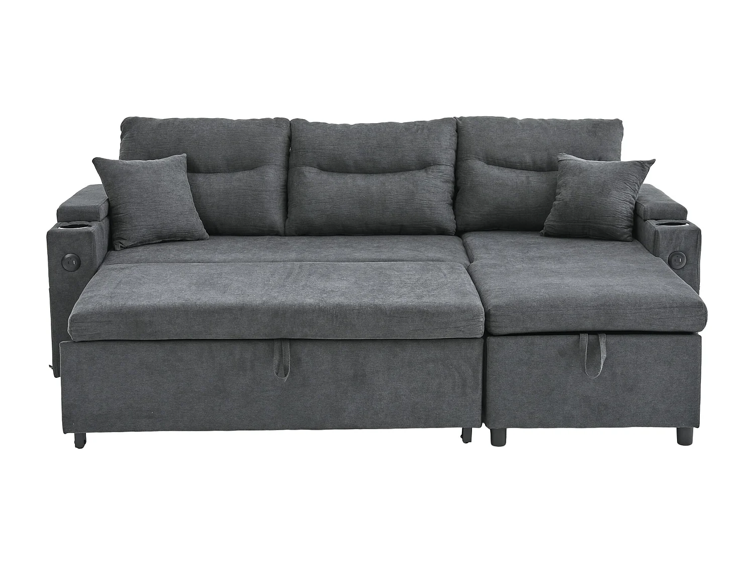 Moderno sofá convertible de 3 plazas en lino con almacenaje, portavasos y puerto USB - Gris