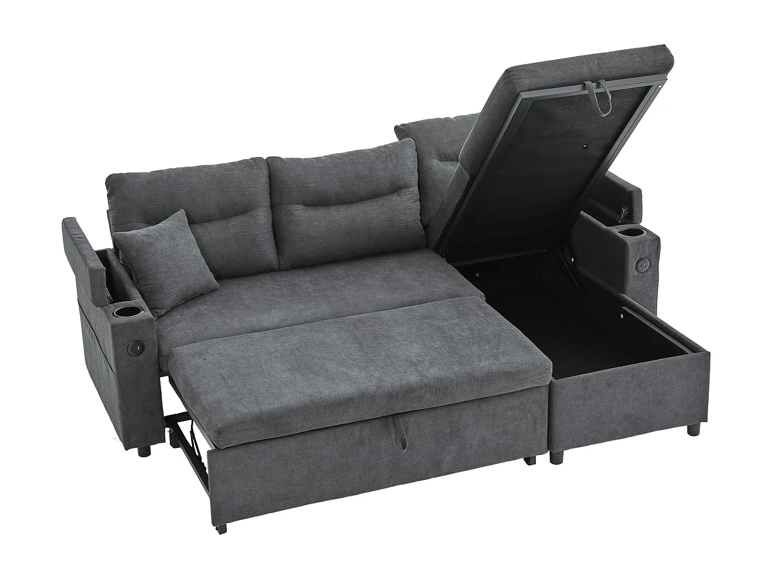 Moderno sofá convertible de 3 plazas en lino con almacenaje, portavasos y puerto USB - Gris