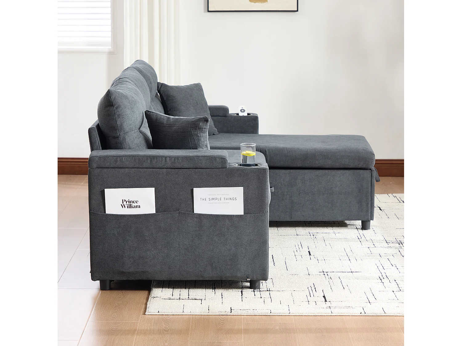 Moderno sofá convertible de 3 plazas en lino con almacenaje, portavasos y puerto USB - Gris