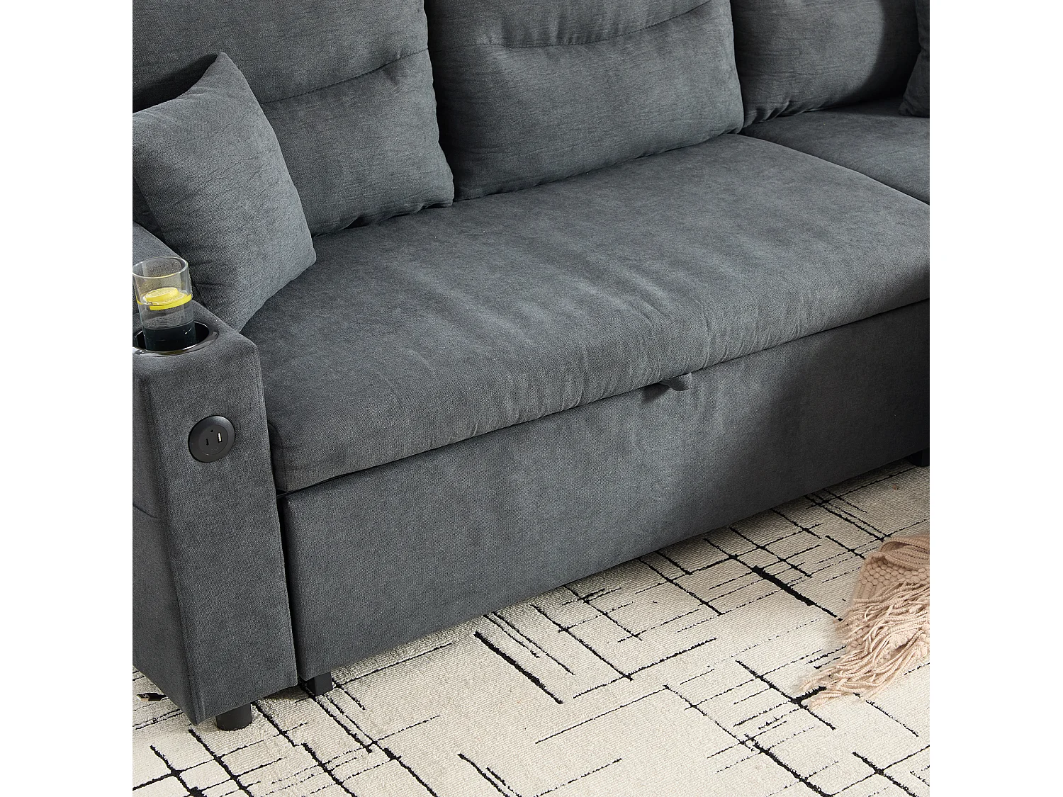 Moderno sofá convertible de 3 plazas en lino con almacenaje, portavasos y puerto USB - Gris