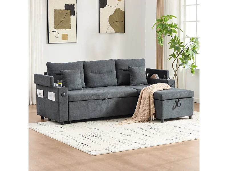 Moderno sofá convertible de 3 plazas en lino con almacenaje, portavasos y puerto USB - Gris