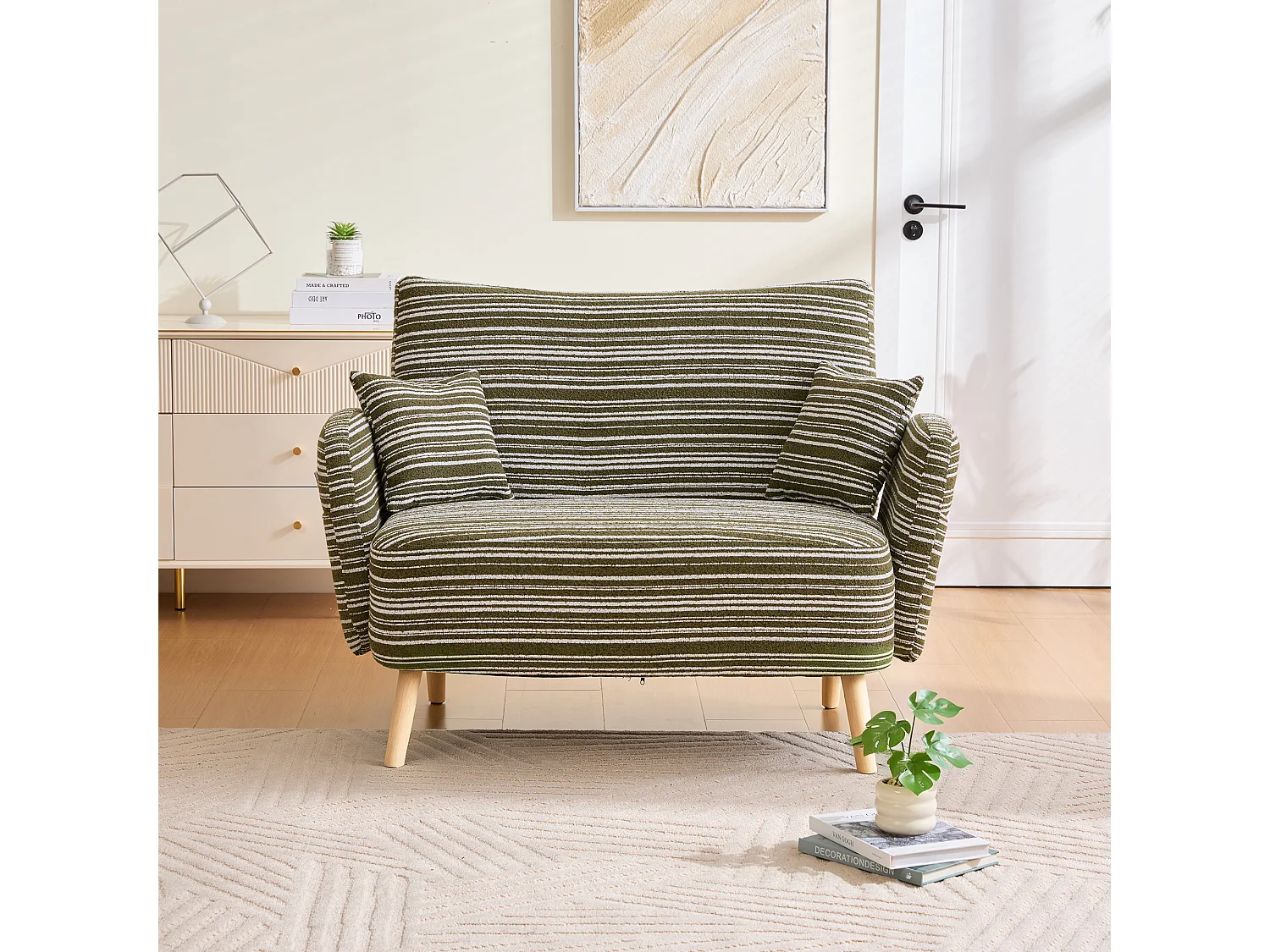 Sofá de dos plazas en tejido bouclé verde oliva - Con bolsillos laterales y dos cojines