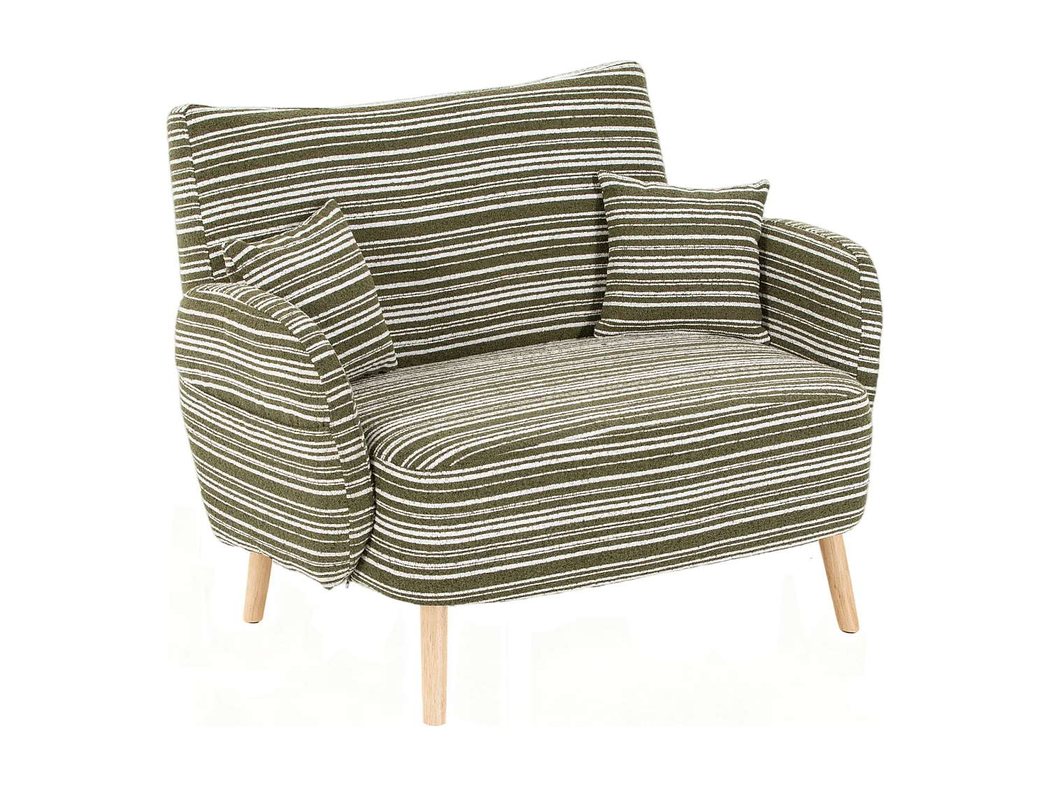 Sofá de dos plazas en tejido bouclé verde oliva - Con bolsillos laterales y dos cojines