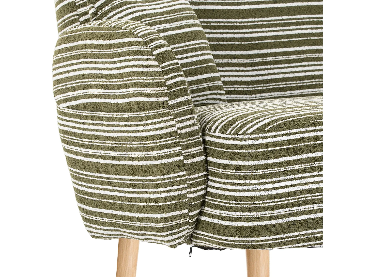 Sofá de dos plazas en tejido bouclé verde oliva - Con bolsillos laterales y dos cojines