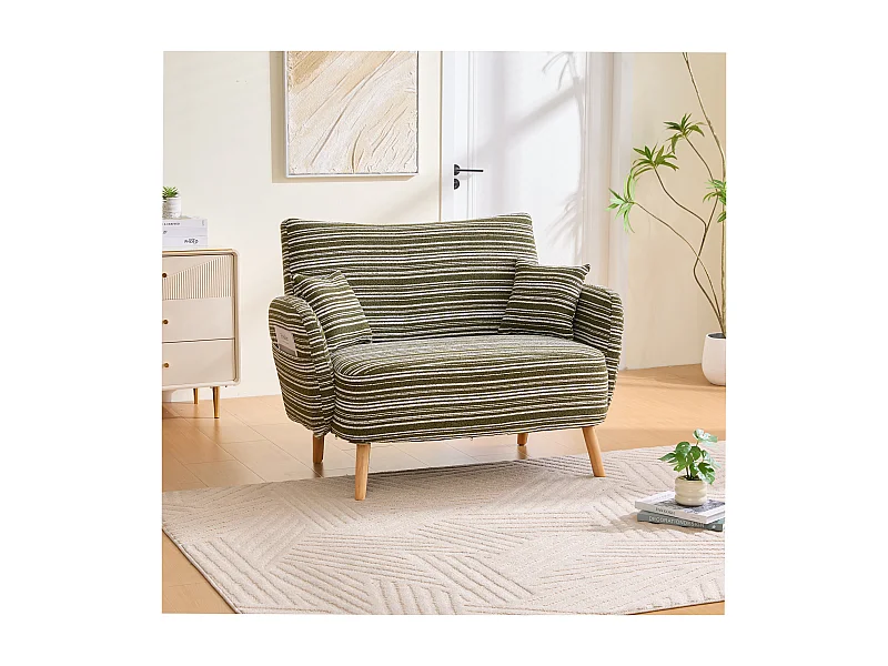 Canapé 2 places en tissu bouclé vert olive - Avec poches latérales et 2 coussins