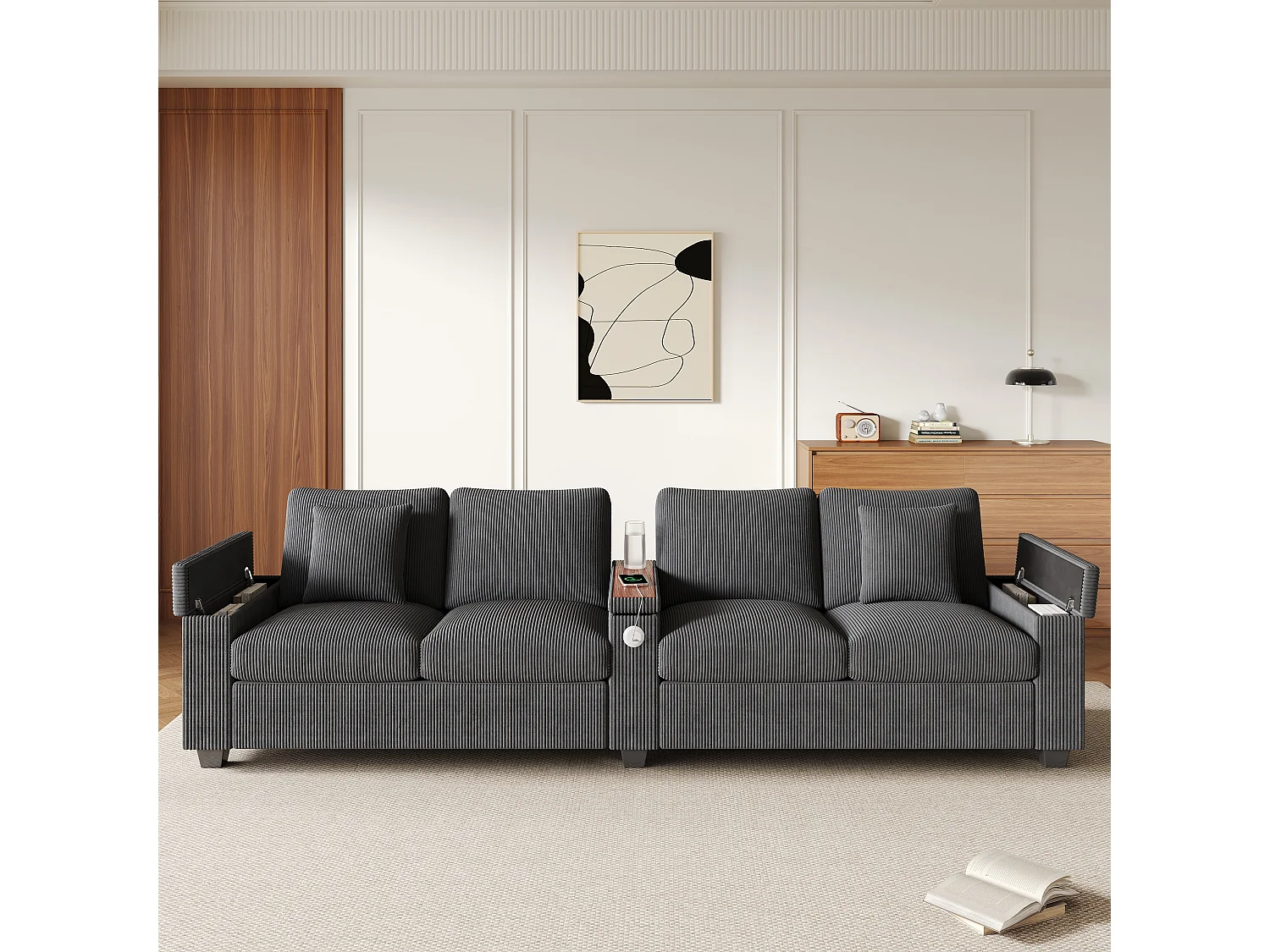 Canapé 4 places avec ports USB/Type-C et rangements - Velours côtelé gris