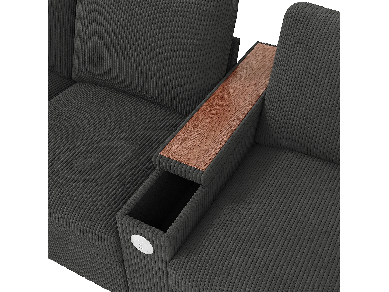 Canapé 4 places avec ports USB/Type-C et rangements - Velours côtelé gris