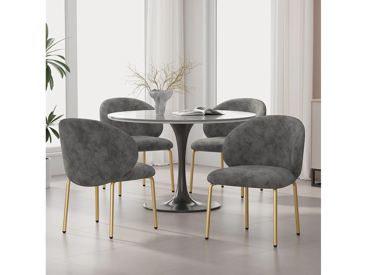 Juego de 4 sillas de comedor de chenilla gris - Patas de metal dorado