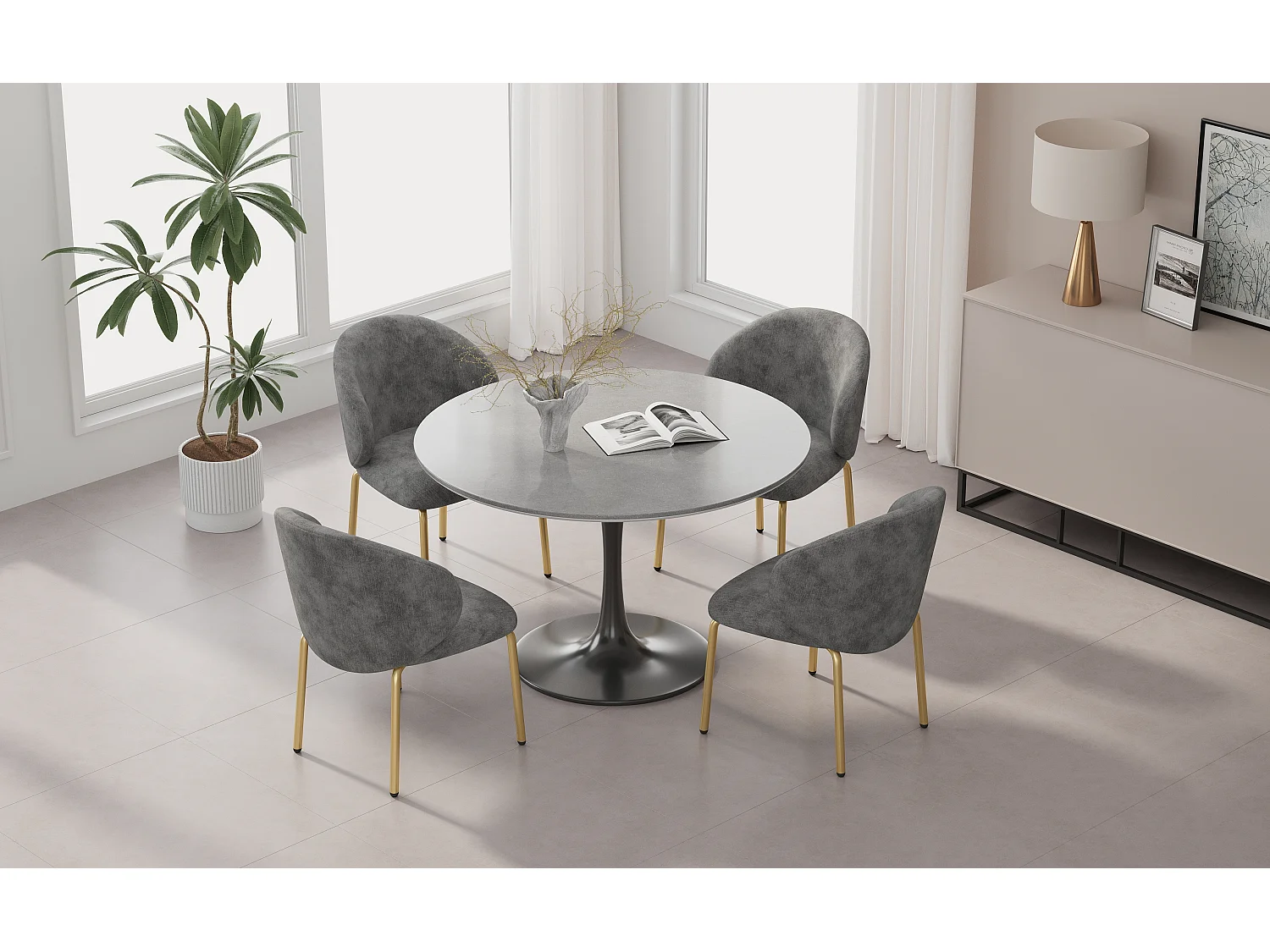 Juego de 4 sillas de comedor de chenilla gris - Patas de metal dorado