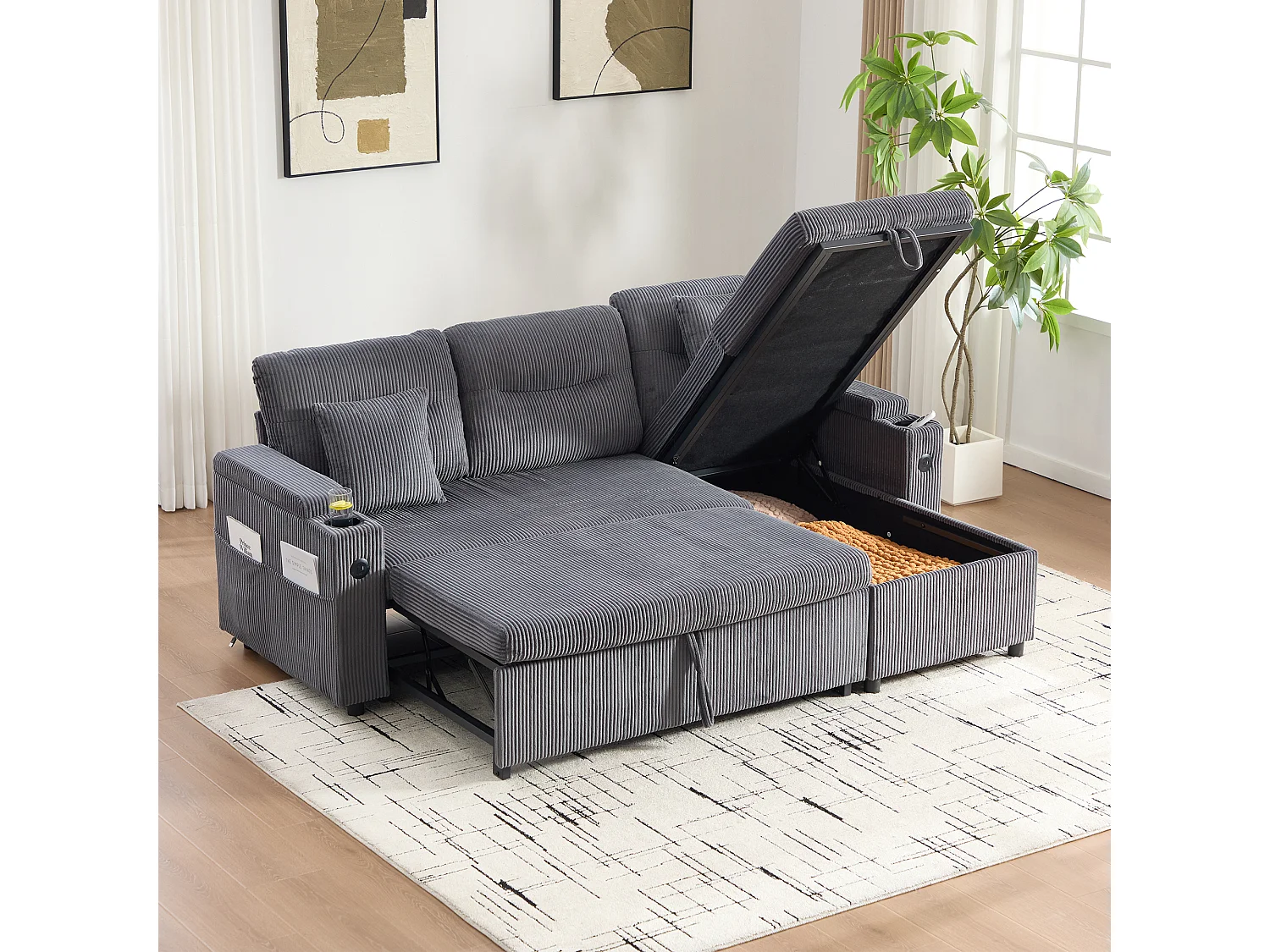 Canapé convertible 3 places en velours côtelé gris carbone - Rangement, porte-gobelets et port USB