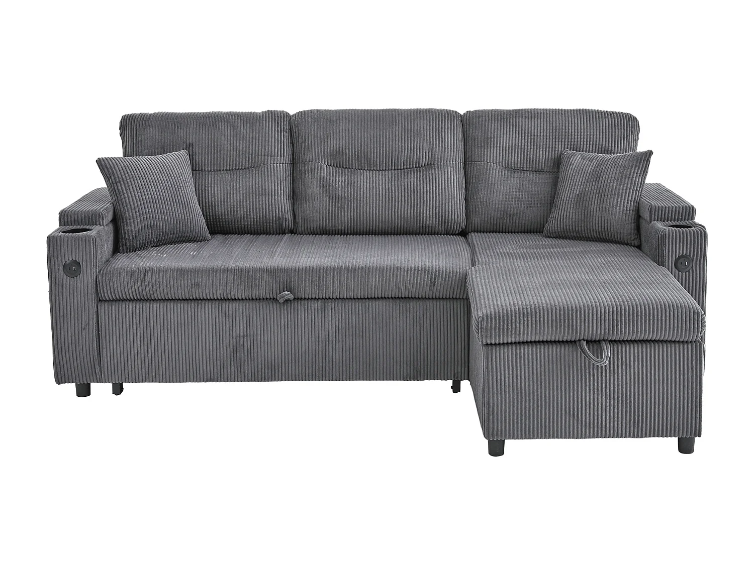 Canapé convertible 3 places en velours côtelé gris carbone - Rangement, porte-gobelets et port USB