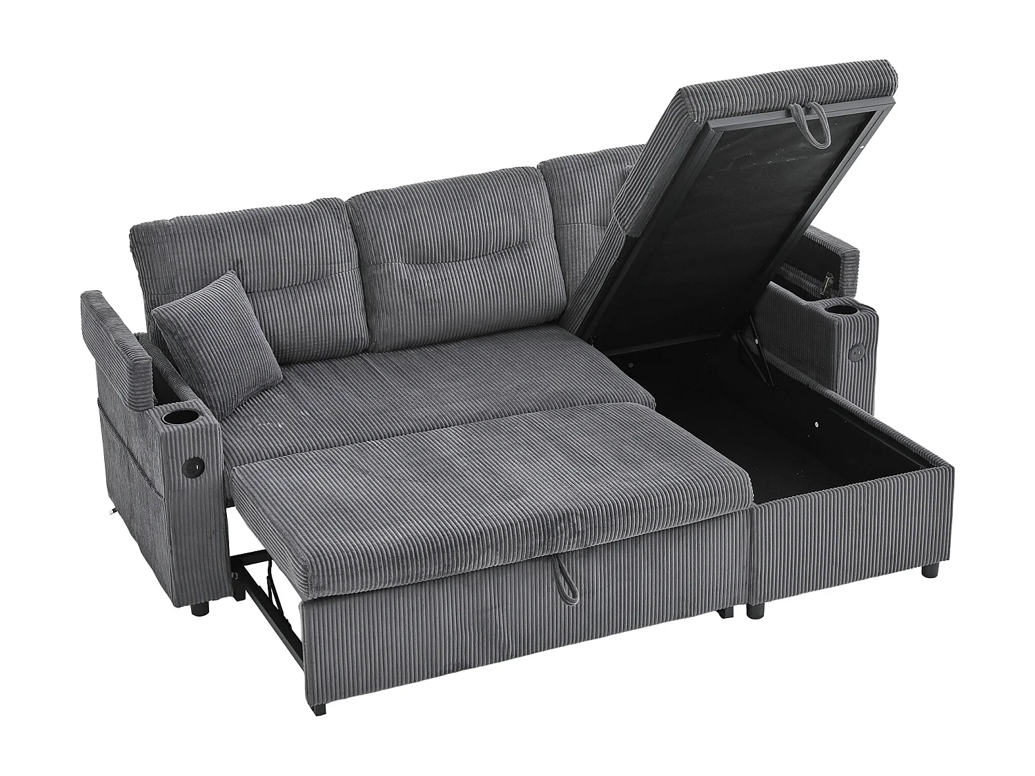 Canapé convertible 3 places en velours côtelé gris carbone - Rangement, porte-gobelets et port USB