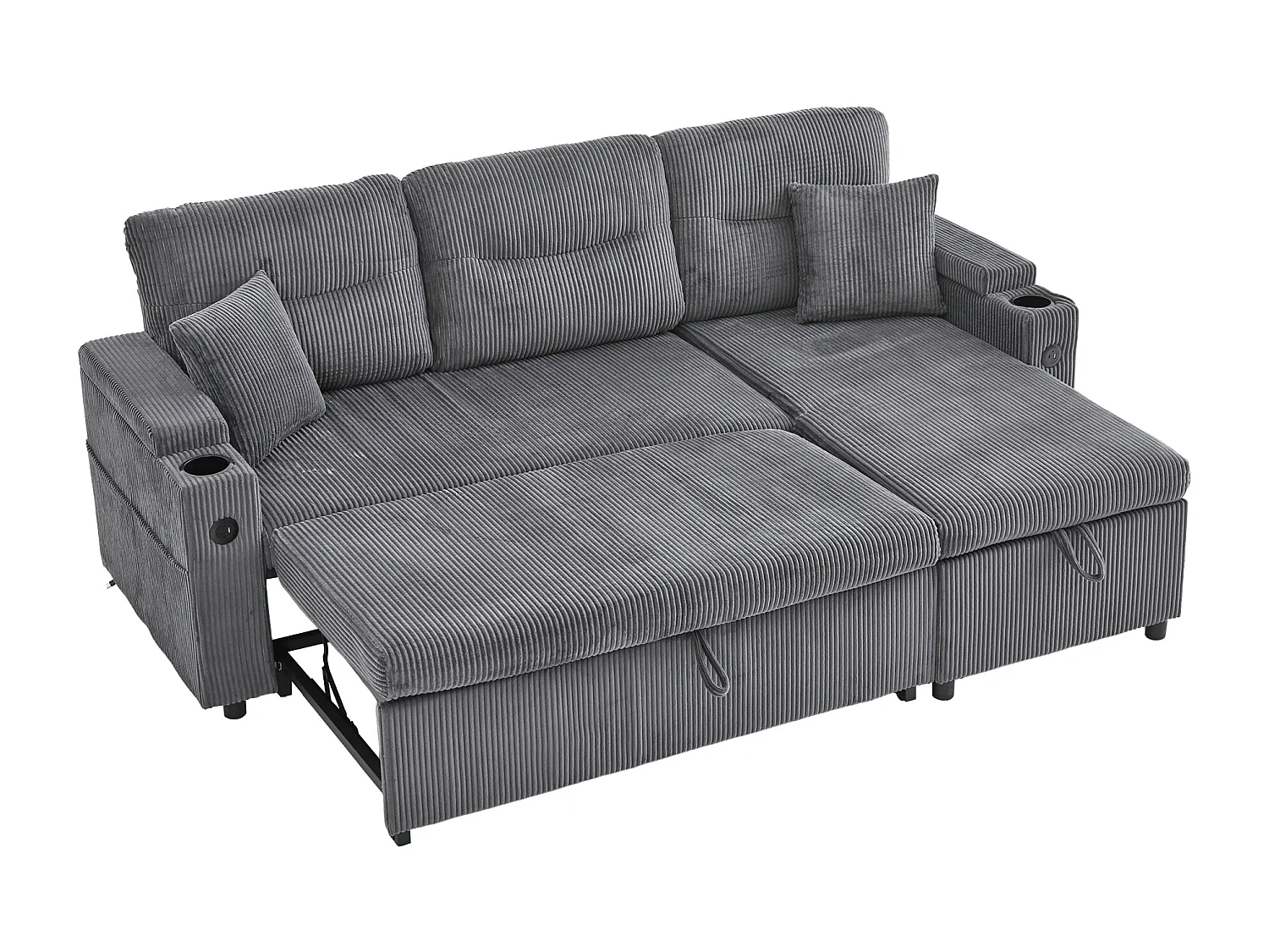 Canapé convertible 3 places en velours côtelé gris carbone - Rangement, porte-gobelets et port USB